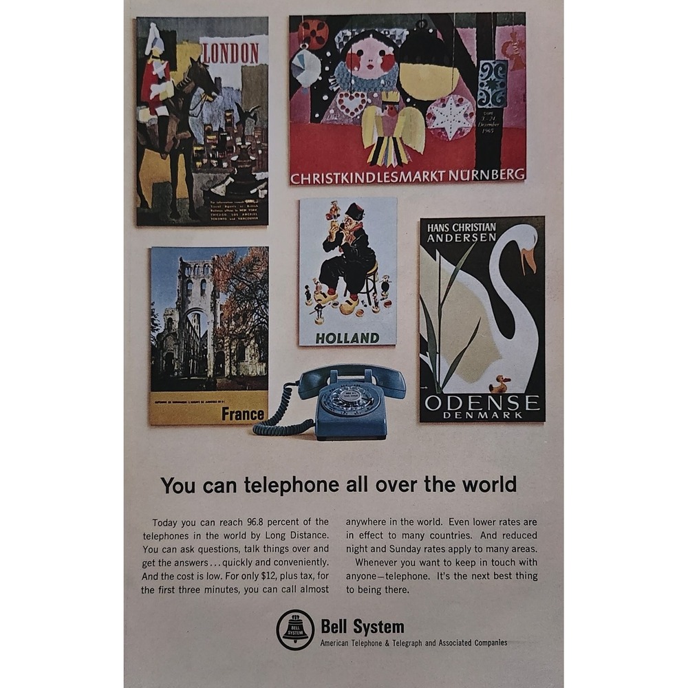 Bell System 1965 Vintage Magazine Ad Long Distance International MCM Blue Phone
